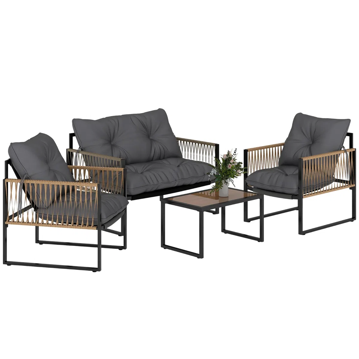 Outsunny 4-cz. rattanowy zestaw ogrodowy z poduszkami Brąz | Zestaw wypoczynkowy, meble ogrodowe, stolik szklany, 2 fotele, sofa 2-os., na taras