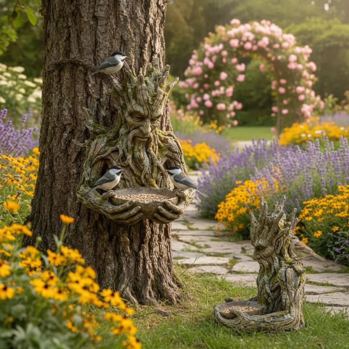 Rzeźba karmnika dla ptaków, dekoracja do karmienia ptaków na zewnątrz, z ukrytym wieszakiem na dziurkę od klucza, wzór słojów drewna, na patio, podwórko, do ogrodu