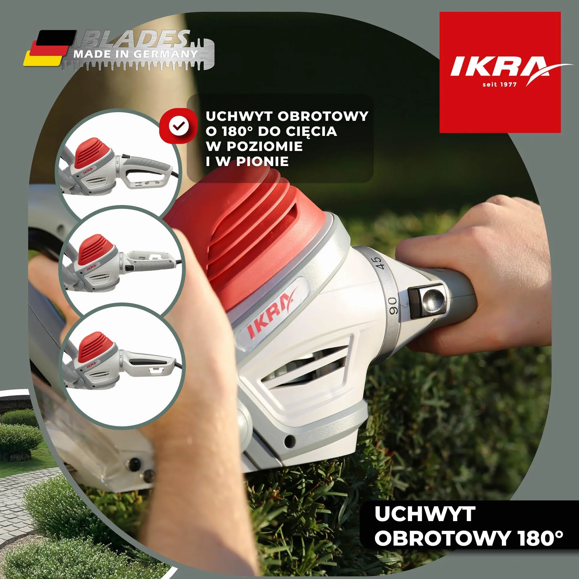 IKRA nożyce do żywopłotu elektryczne IHS 650 650W 55cm 22mm 180° uchwyt skrętny