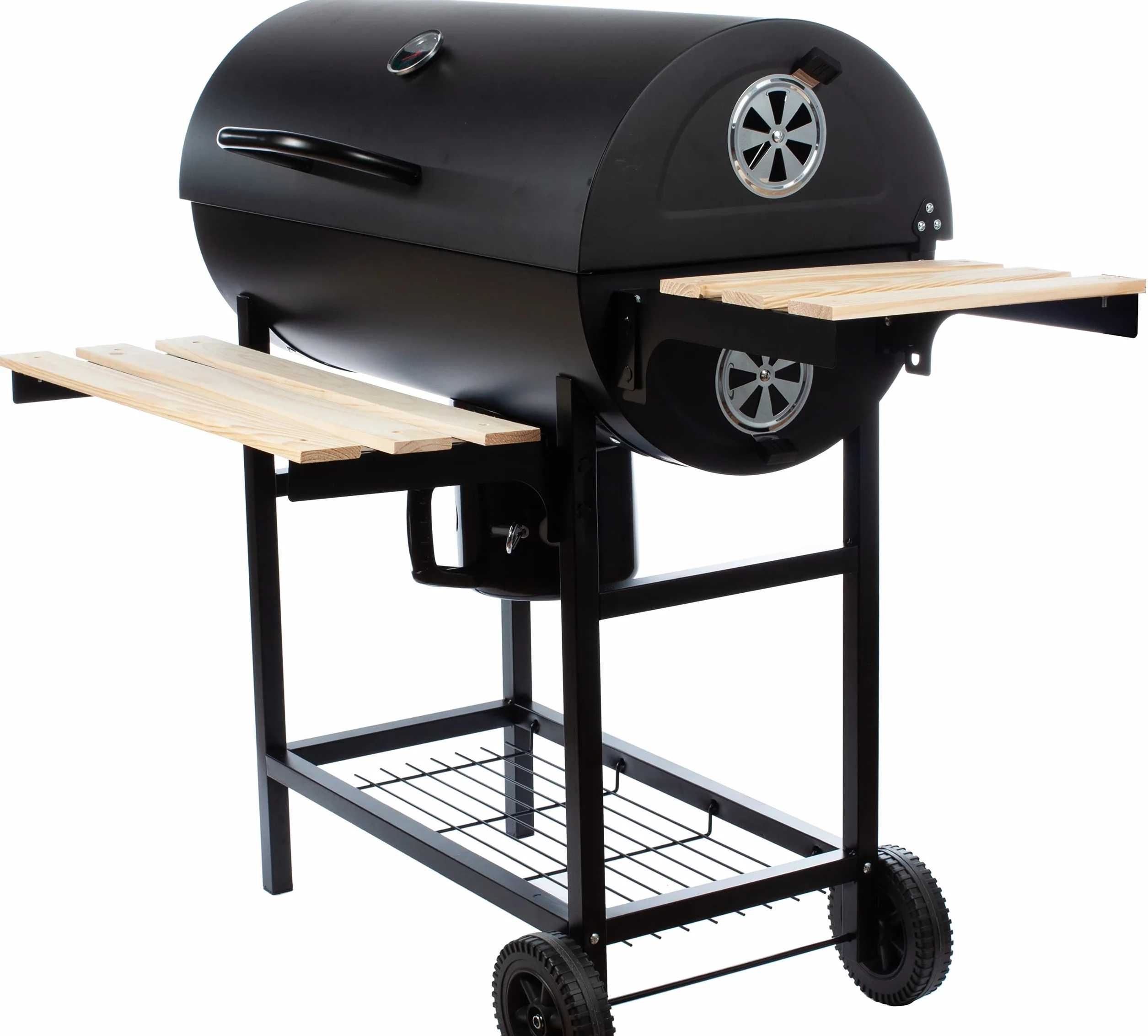 GrillMaster Okrągły Beczka BigBend GM2020 +Fartuch, Grill Ogrodowy, Węglowy, z Pokrywą, z Kółkami, Przesłony do Cyrkulacji Powietrza, Dodatkowe Półki