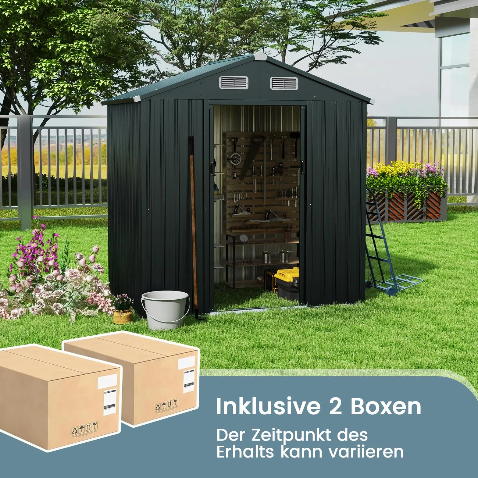 COSTWAY Domek ogrodowy metalowy, 182 x 129 x 197 cm | 3,25 m³, szopa ogrodowa z dachem dwuspadowym i 2 drzwiami przesuwnymi, szopa na narzędzia z zamkiem, domek ogrodowy, szopa ogrodowa na zewnątrz