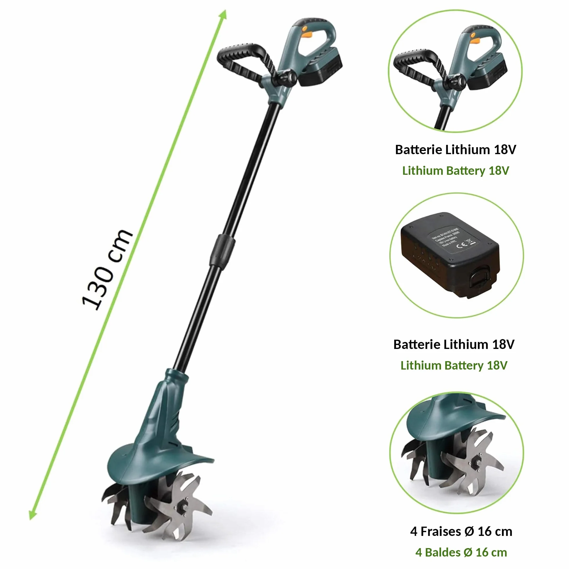FISHTEC Bezprzewodowa glebogryzarka silnikowa z akumulatorem litowym 18 V – szerokość robocza: 20 cm – głębokość robocza: 8 cm – 4 frezy – ergonomiczny podwójny uchwyt – bateria i stacja ładująca w