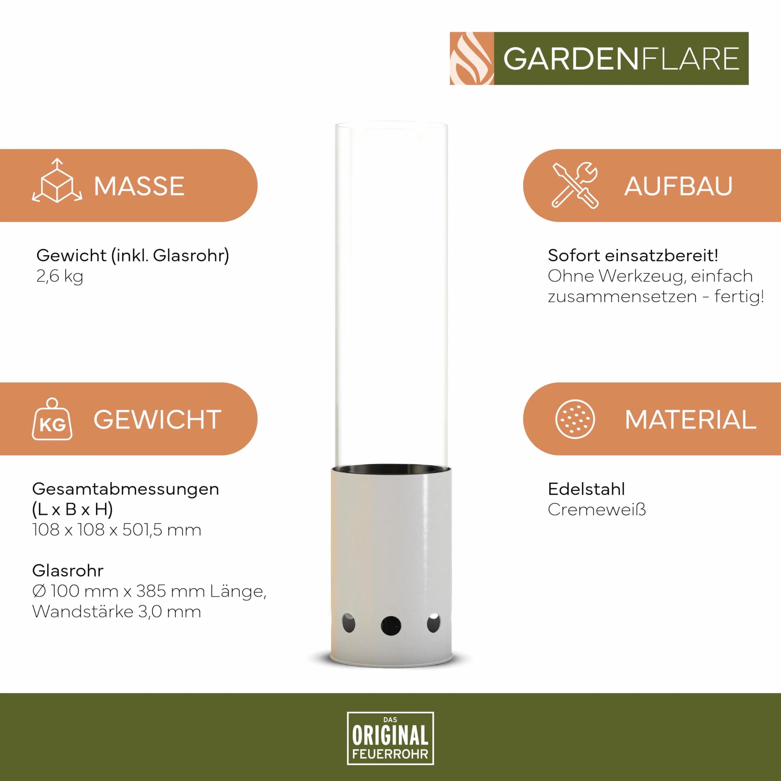 GARDENFLARE Kominek stołowy do użytku na zewnątrz – bezdymna stal nierdzewna, ogień stołowy i rura paleniskowa na balkon i taras – wysokiej jakości dekoracja ogrodowa, lampion z zasilaniem pelletem