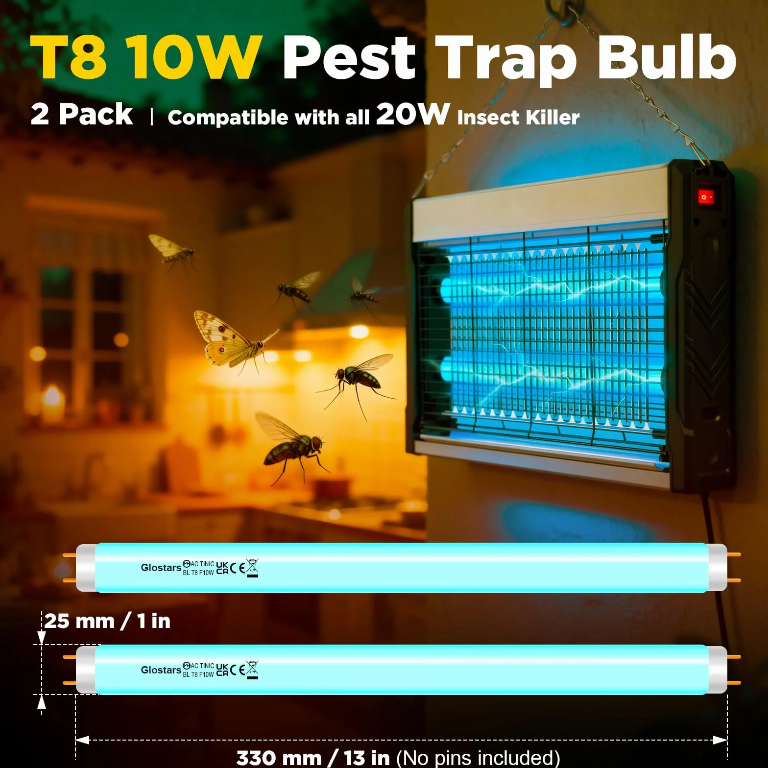 Glostars T8 F10W BL – zamienne świetlówki UV do lamp na owady, świetlówka typu blacklight o długości 34,5 cm do lamp na owady/pułapek na muchy o mocy 20 W – zestaw 2 sztuk