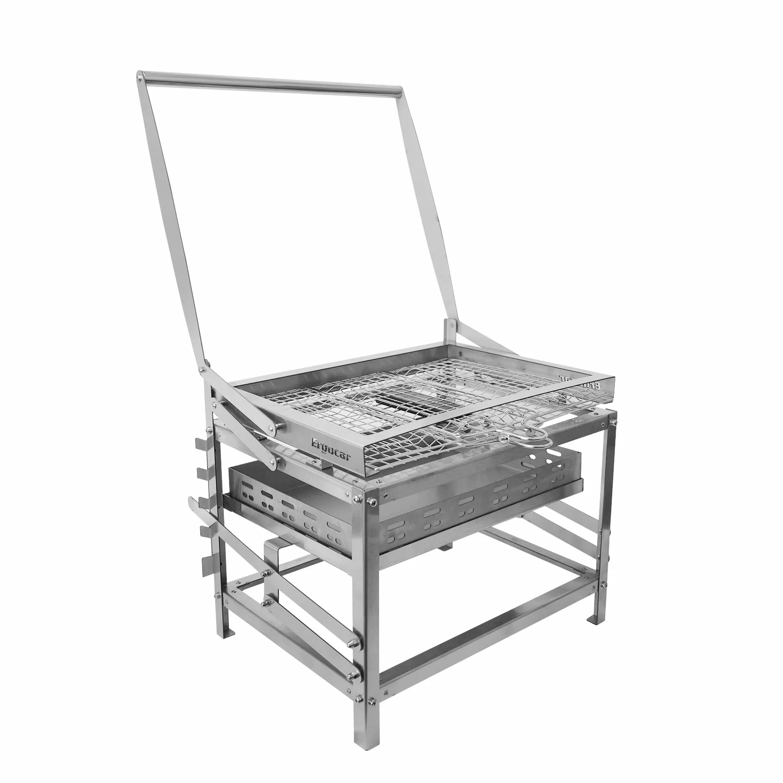 Ergocar Grill na węgiel drzewny zewnętrzny wielofunkcyjny przenośny obrotowy z regulowaną wysokością 4-poziomowa taca na węgiel drzewny idealna do wędzenia na świeżym powietrzu, pikników, grillowania