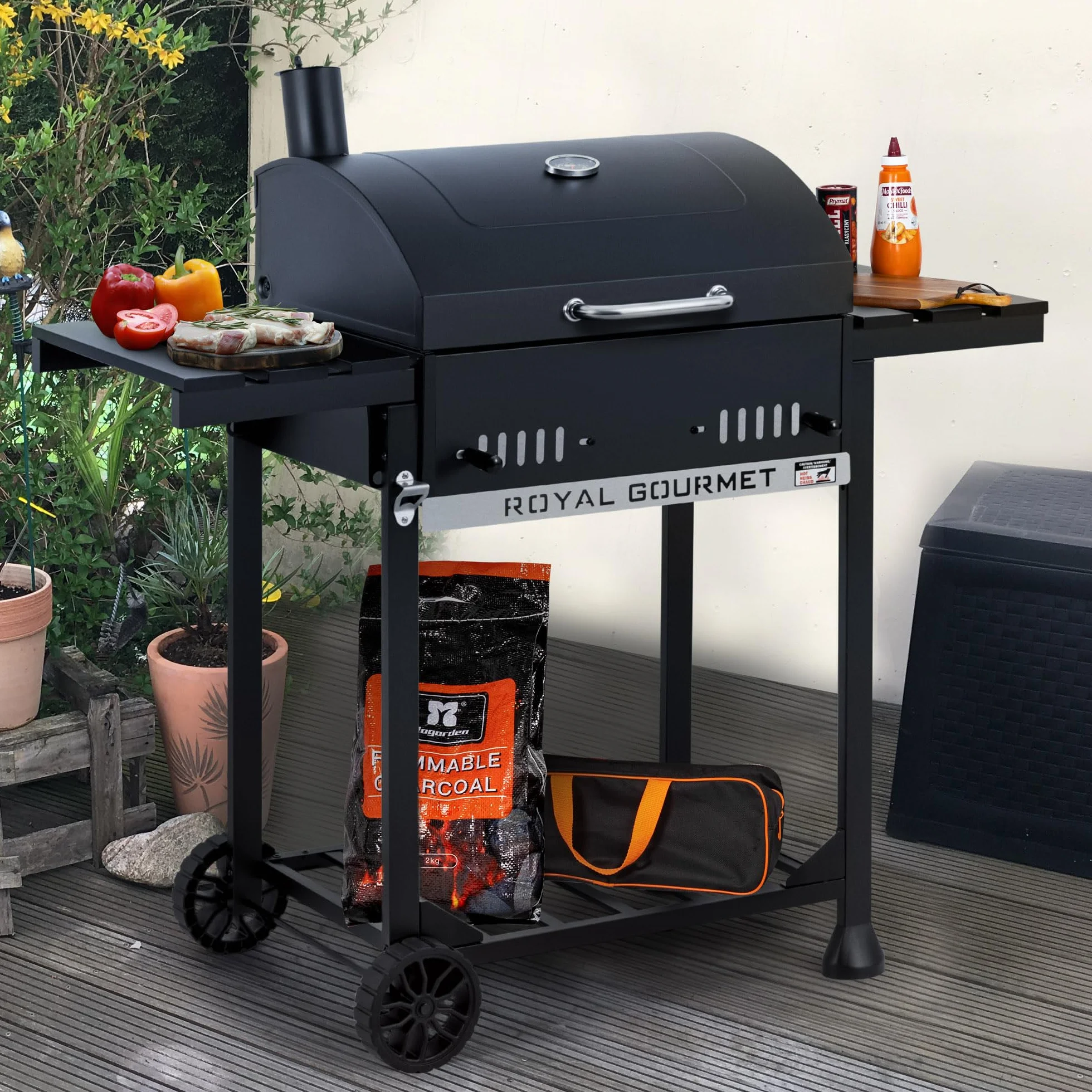 Royal Gourmet Grill na węgiel drzewny, grill na kółkach ze składanymi półkami bocznymi, grill stojący z Decekl, termometr, grill węglowy, czarny