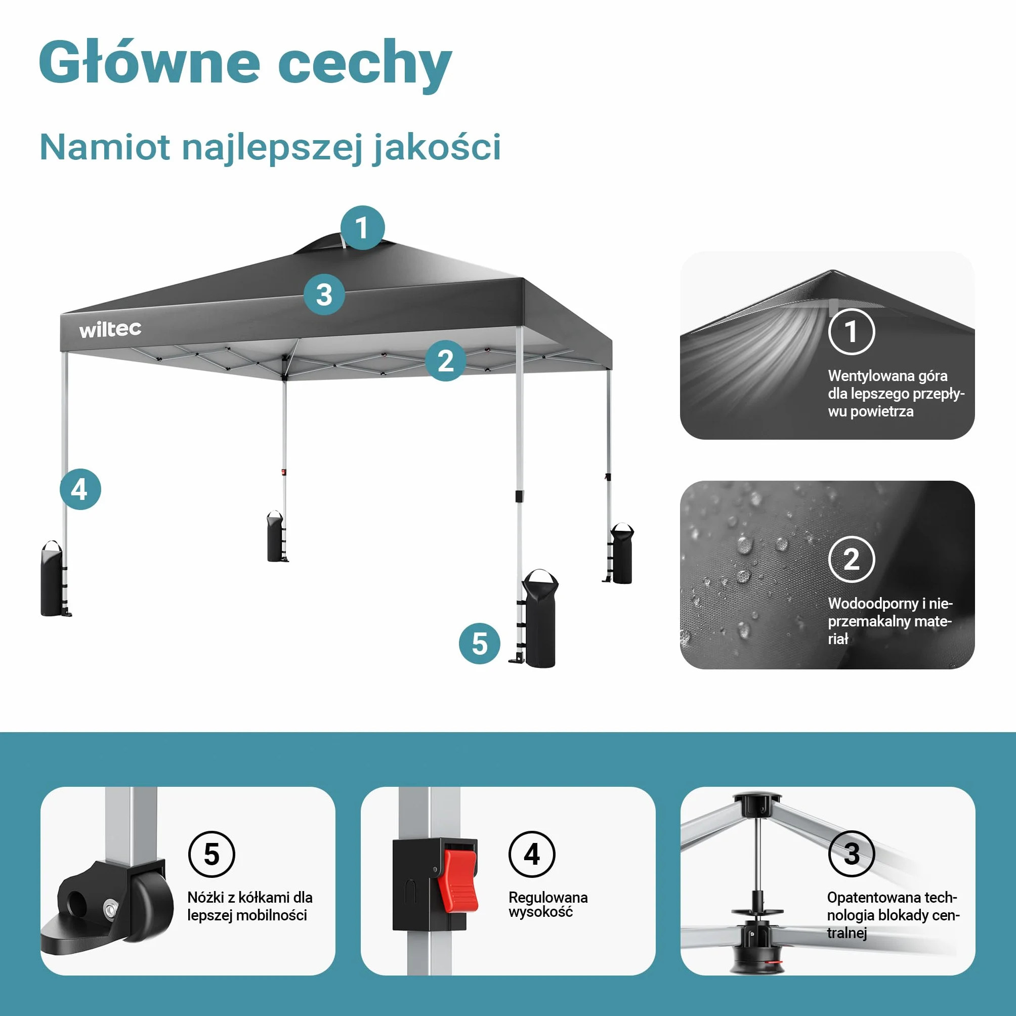 Wiltec Pop-up Pawilon składany na kołach pawilon ogrodowy szary 3x3m One push namiot imprezowy