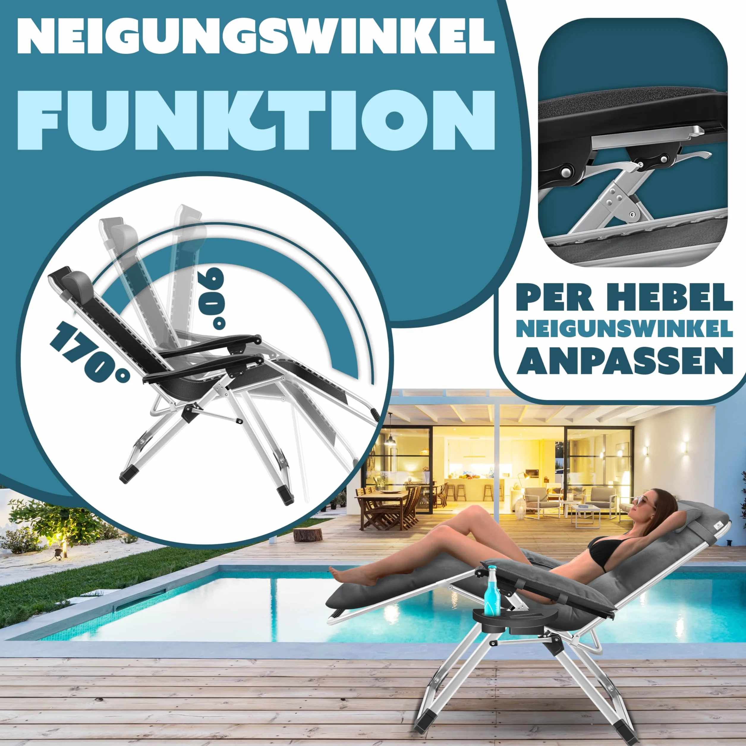KESSER® Leżak słoneczny Fotel leżący, Leżak ogrodowy bardzo szeroki i odporny na warunki atmosferyczne, Wytrzymałość 200 kg, Ergonomiczna poduszka regulowane oparcie w zestawie poduszka pod kark