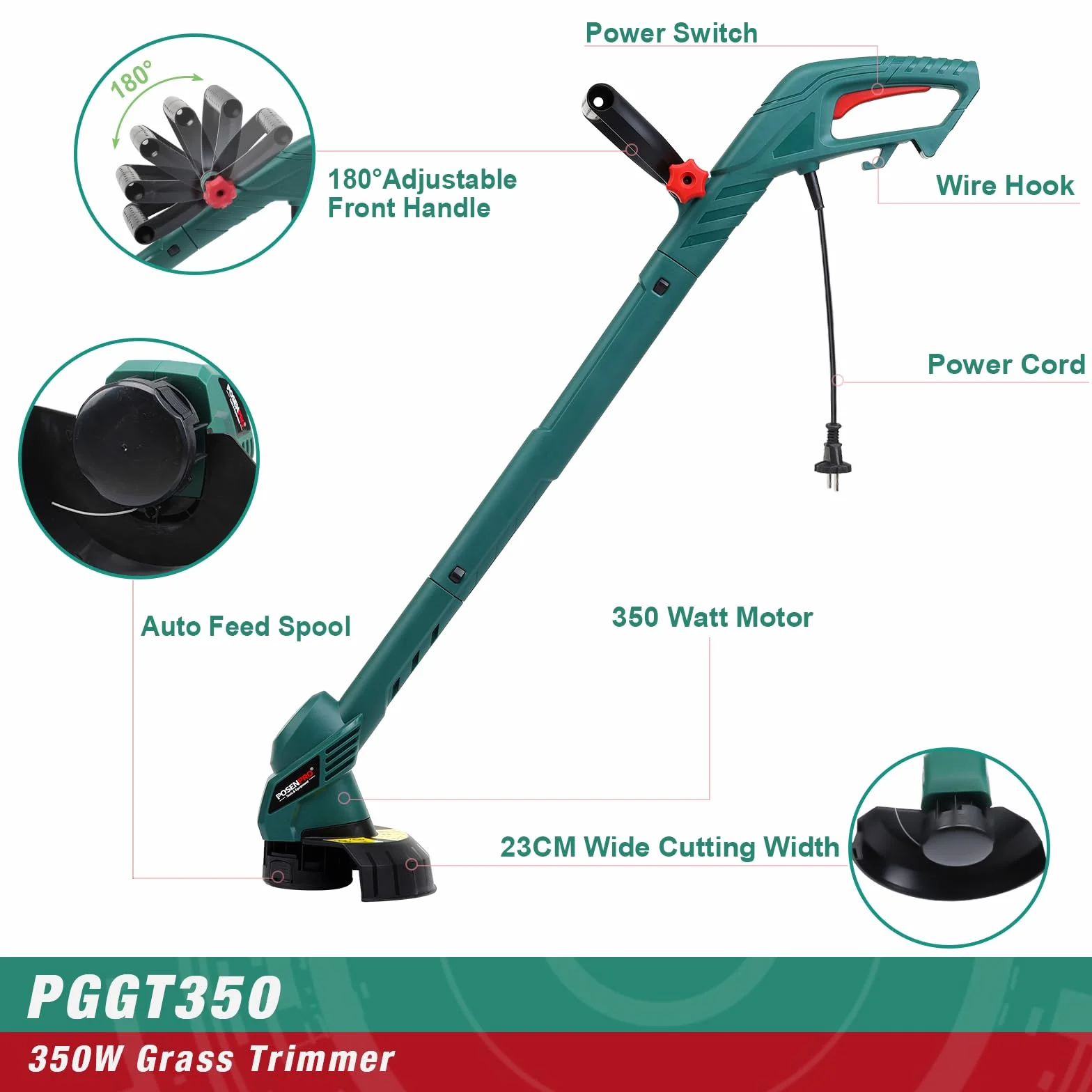POSENPRO Przewodowa obcinarka krawędziowa 350 W, 23 cm, 2 uchwyty, automatyczne zwijanie drutu, 1,6 kg