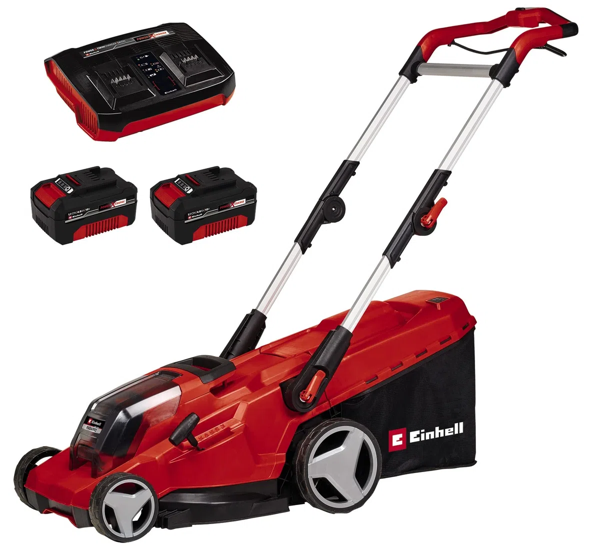 Zest. akum. kosiarki Einhell RASARRO 36/40 Power X-Change (36 V, szer. koszenia 40 cm, do 500 m², bezsz., kosz na trawę 50 l, wys. koszenia 25-75 mm, w zest. 2 x 4,0 Ah + 1x podwójna ład. Twincharger)