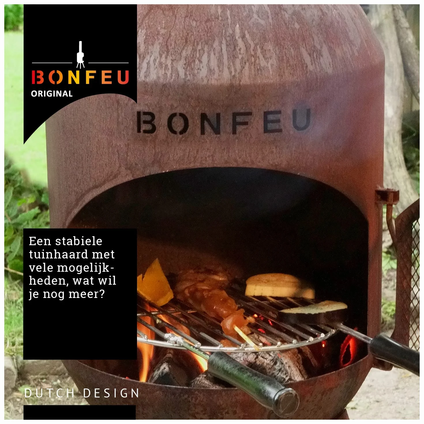 BonFeu Kratka BonSolo - piec tarasowy - kominek z ochroną przed iskrami na relaksujące wieczory - kolumna ogniskowa na zewnątrz - kominek tarasowy z rusztem do grillowania - 34 x 34 x 124 cm