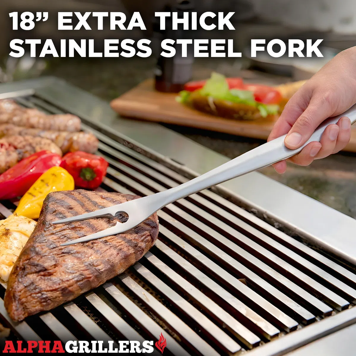 Alpha Grillers Zestaw wytrzymałych akcesoriów do grilla - zestaw narzędzi do grillowania 4 szt. akcesoria do grilla ze szpatułką, widelcem, szczotką i szczypcami do grilla - prezenty dla taty trwałe,
