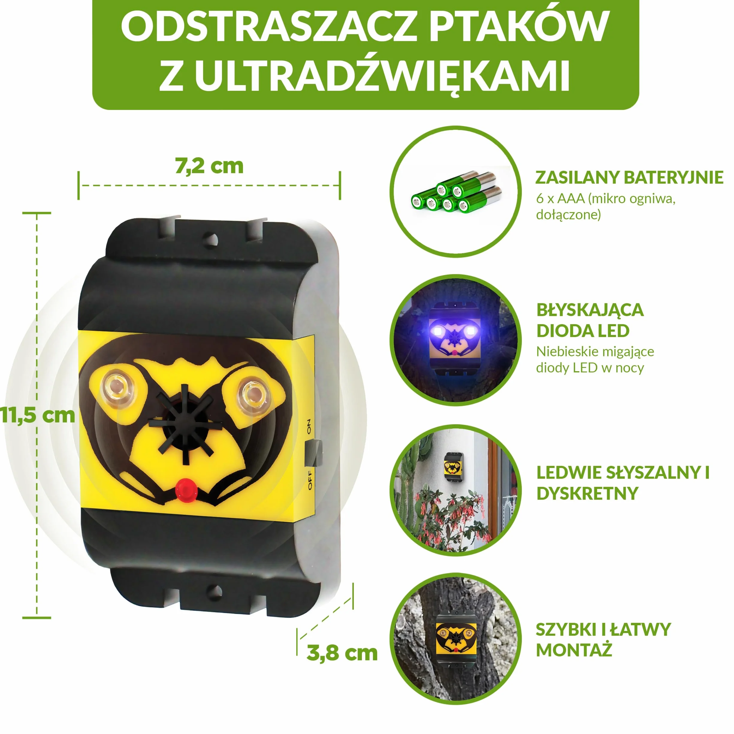 ISOTRONIC Odstraszacz ptaków i gołębi – Ultradźwięki i lampa błyskowa – Bateryjny – Na balkon i do ogrodu – Skuteczna ochrona przed ptactwem – Zasięg 40 m² (2 sztuki)