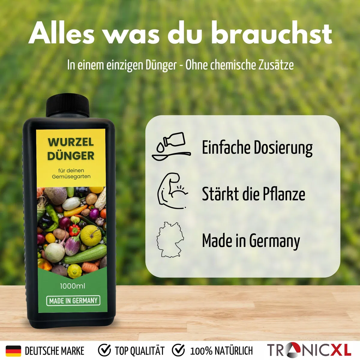 TronicXL 1 l koncentrat nawozu warzywnego + 40 litrów ziemi, nawóz do korzeni, warzyw korzeniowych, warzyw, nawóz płynny 1000 ml, 1 litr, nawóz do warzyw korzeniowych, marchew, sałata, por