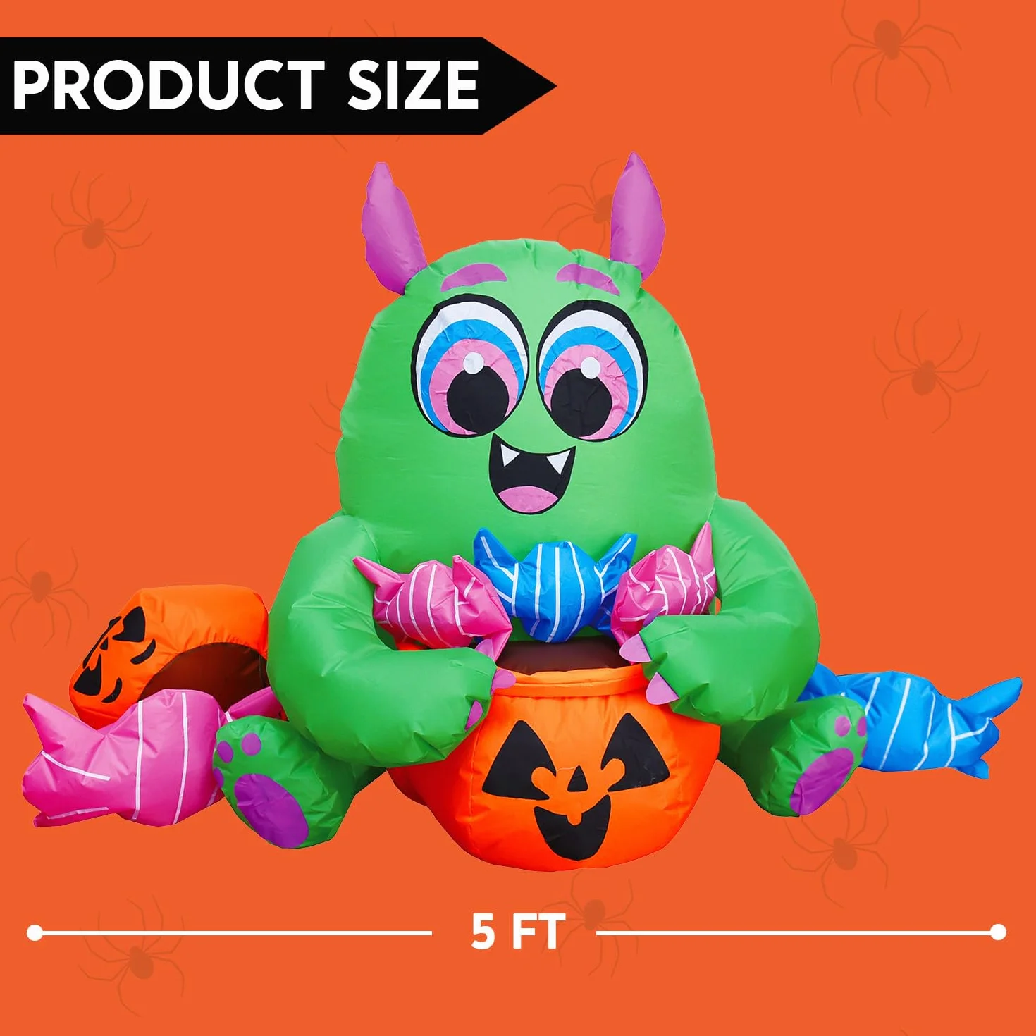 Joiedomi 5 FT Long Halloween Inflatable Monster Candy with Pumpkin Inflatable Yard Decoration with Build-in LEDs Blow Up Inflatables for Halloween Party Indoor, Outdoor, Yard, Garden, Lawn Decorations