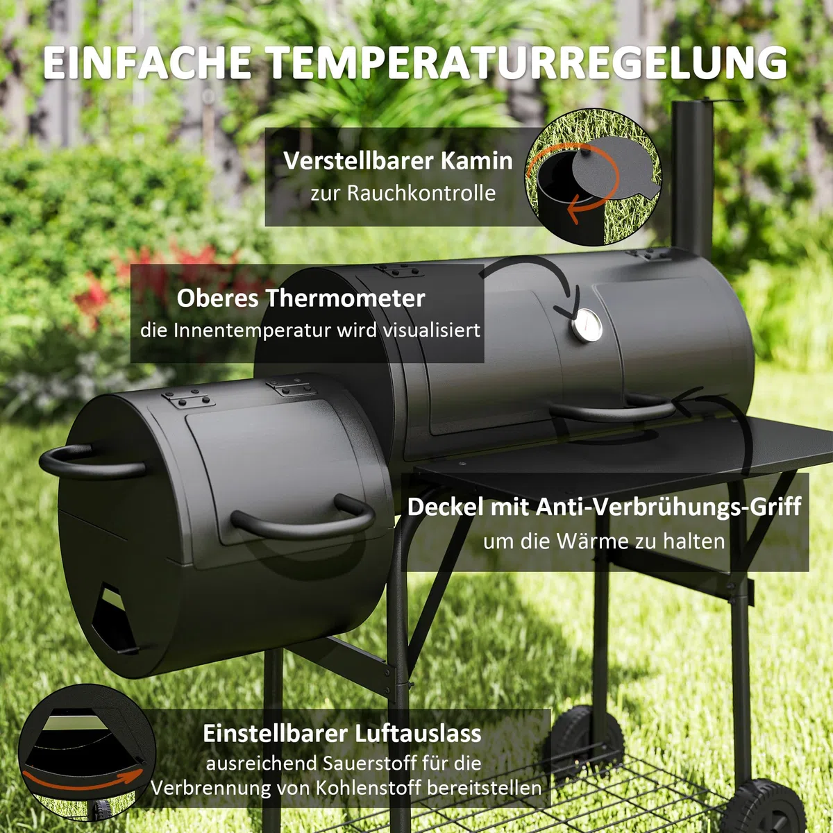 Outsunny Grill na węgiel drzewny ze stali, BBQ Smoker z pokrywką, termometr, kółka, wózek na kółkach z dopływem powietrza, pojemnik na węgiel węglowy, na kemping, do ogrodu, 109 x 60 x 120 cm
