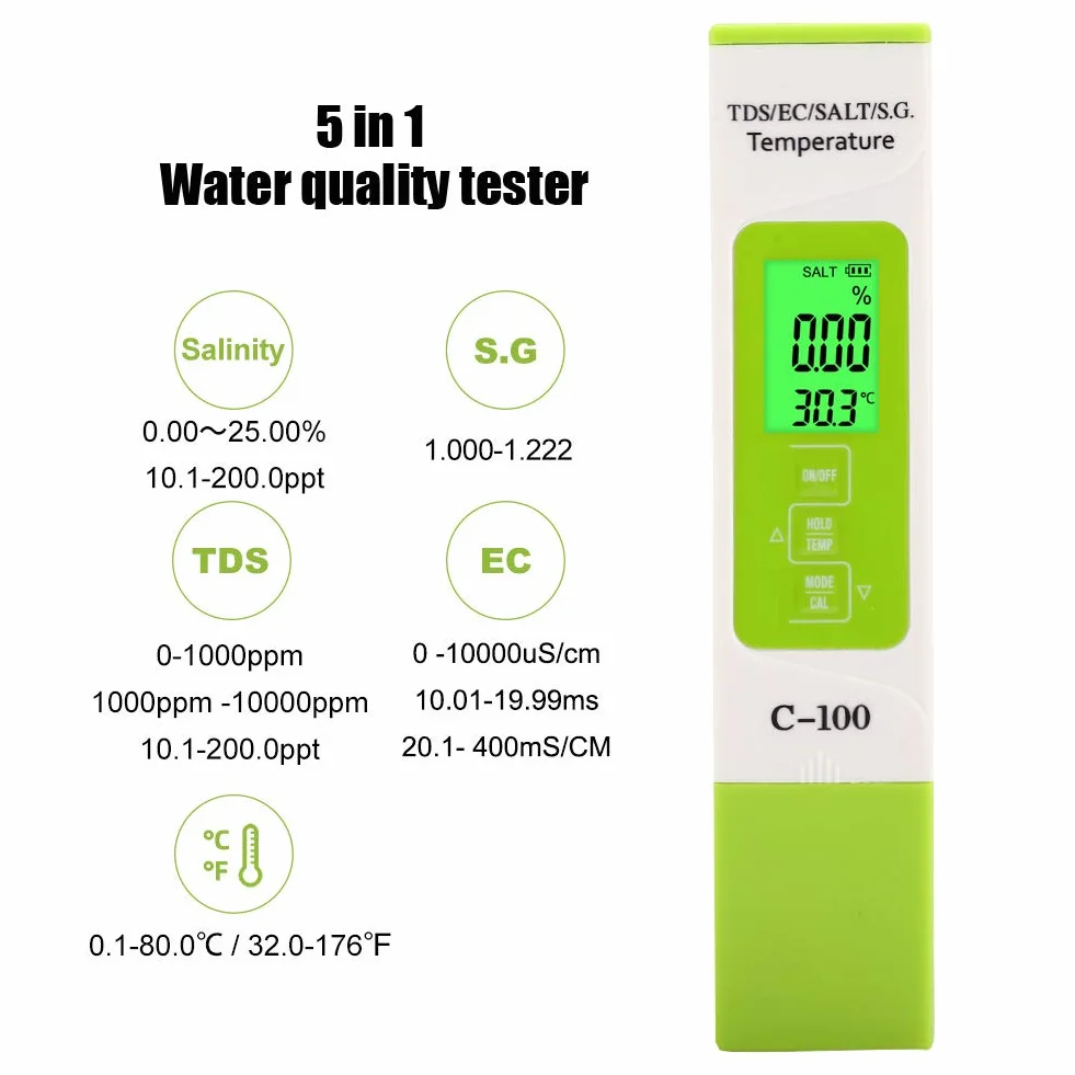 Tester Jakości Wody, C-100 5 w 1 Zasolenie TDS EC Tester Wody Morskiej, Wielofunkcyjny Cyfrowy Miernik TDS z Podświetleniem do Basenu, Akwariów i Słonej Wody
