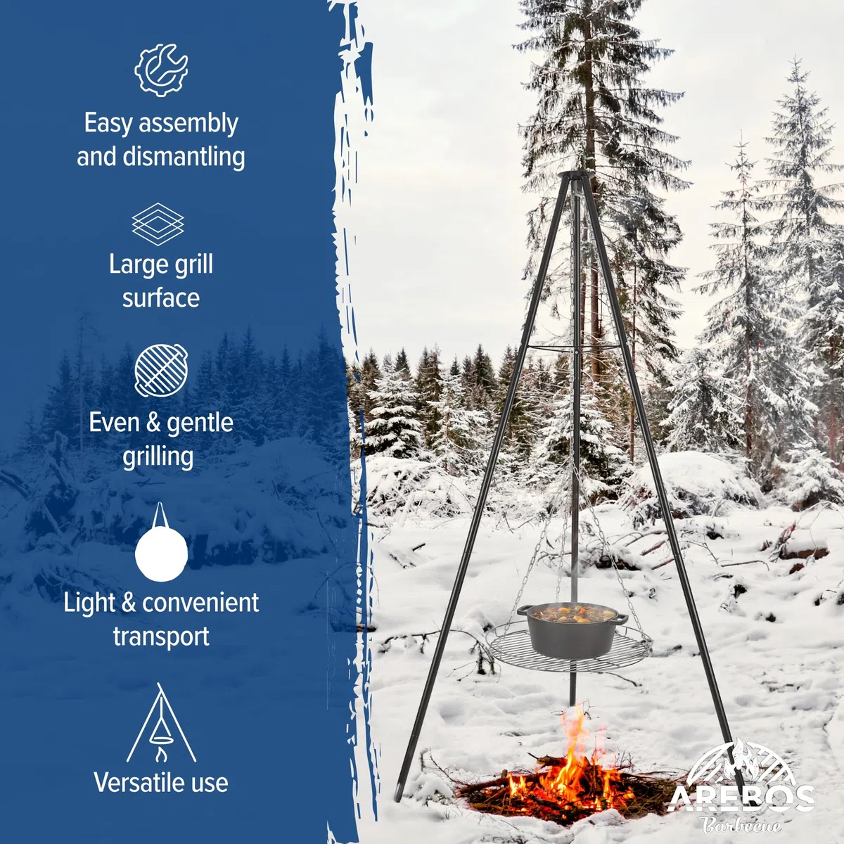 Arebos Obrotowy grill węglowy z rusztem Ø 51 cm | Grill obrotowy | Statyw do kotła gulaszowego | Ruszt do gotowania Ø 49 cm | Rama do grilla z paleniskiem | Łańcuszek z regulacją wysokości 228 cm