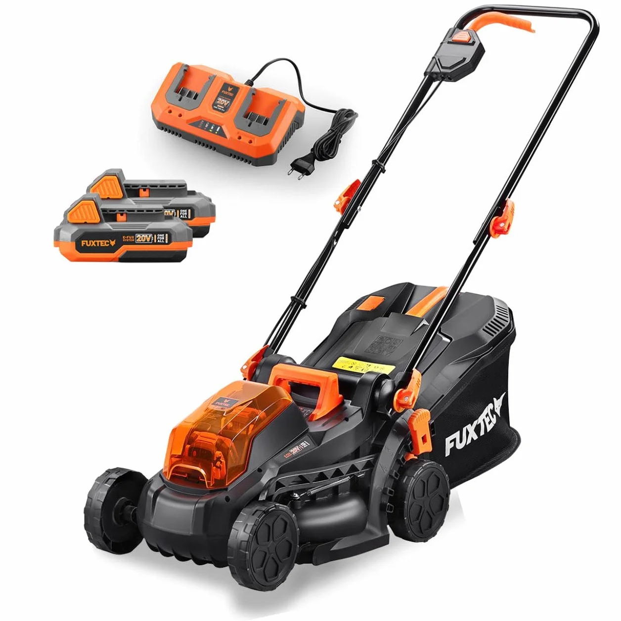 Kosiarka akumulatorowa FUXTEC 40V (2x20V) E1RM20 z akumulatorem litowo-jonowym 2x20V 2Ah i podwójna ladowarka - szerokosc koszenia 33 cm, zmienna wysokosc koszenia