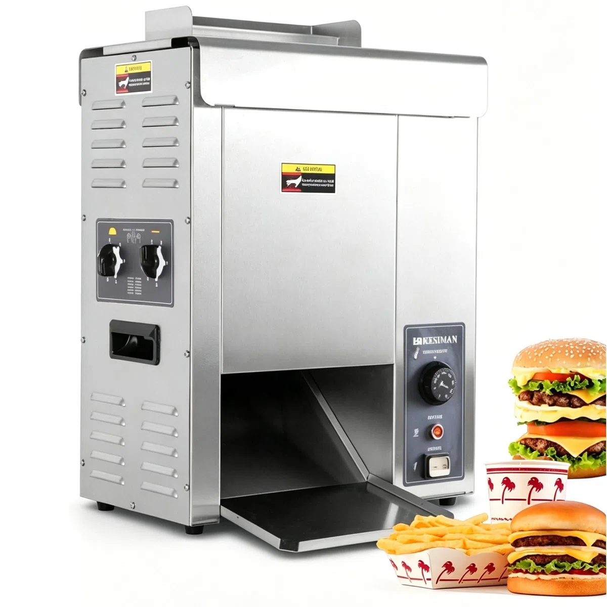 Profesjonalny pionowy opiekacz do bułek hamburgerowych (2000 W) – automatyczny model taśmowy z regulacją, do restauracji, piekarni i barów (220 V)