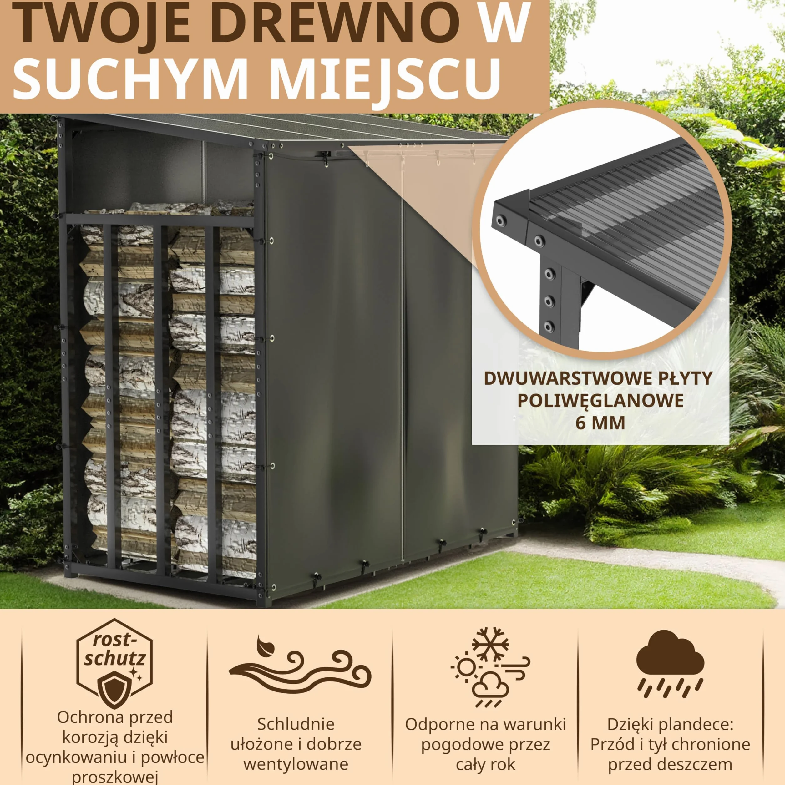Stojak regał na drewno kominkowe 185x105x185 cm metalowy ocynkowany zadaszony antracytowy 3,5 t 5,25 m³