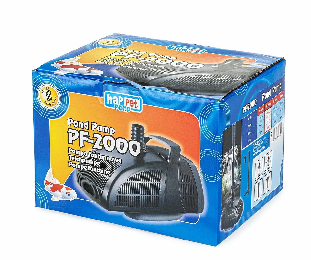 HAPPET Pompa PF 3000 – Do Fontann, Oczek Wodnych, Filtrów i Kaskad – 3000 l/h, 2.8 m Podnoszenia, Ceramiczna Oś, Niskie Zużycie Energii, 10 m Przewodu