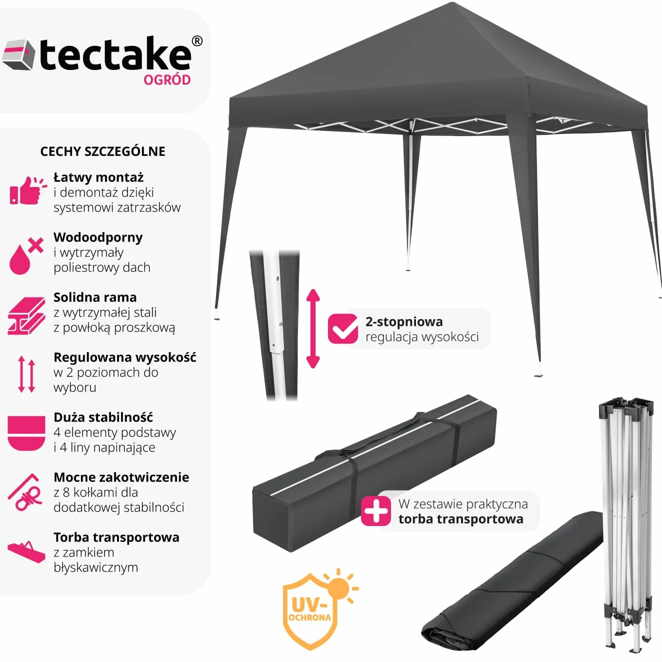 tectake® Składana Altanka, Pawilon Ogrodowy 3x3m, Wodoodporny Dach z Ochroną UV, Stalowy Stelaż Malowany Proszkowo, Regulacja Wysokości, Łatwy Montaż, Namiot Imprezowy (Szary)