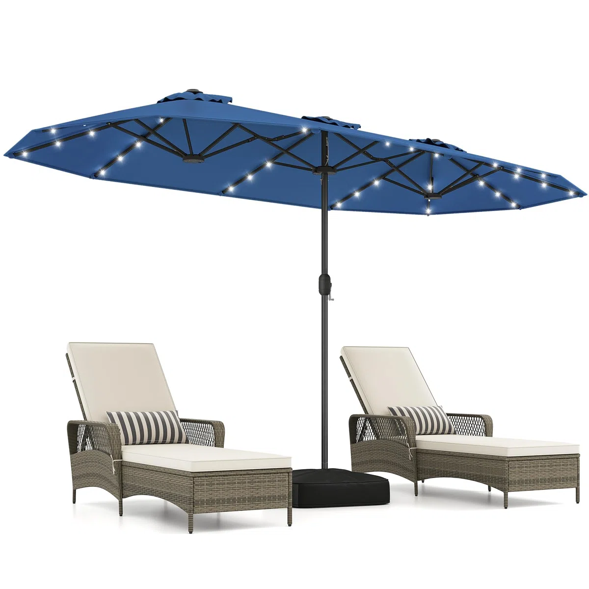 COSTWAY Podwójny parasol przeciwsłoneczny ze stojakiem i diodami LED, 400 x 200 cm, duży parasol przeciwsłoneczny, XXL, UPF 50+, parasol ogrodowy z korbą, parasol tarasowy, do ogrodu, na taras i basen