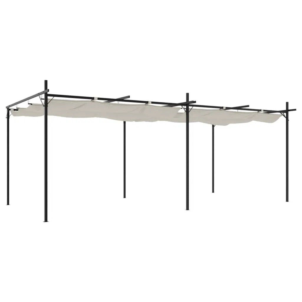 Pergola z rozsuwanym dachem, kremowa, 589 x 292 x 230 cm, odporny na promieniowanie UV dach poliestrowy z powłoką PA, stabilny malowany proszkowo rama ze stali i aluminium, regulowany dach przesuwny