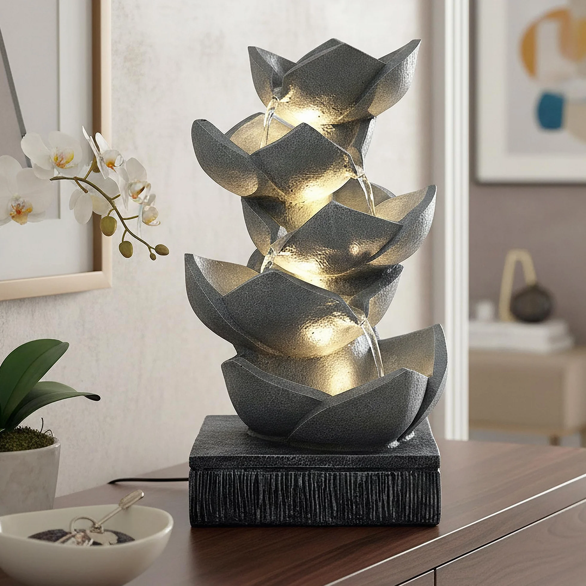 Fontanna BK901 z oświetleniem LED, fontanna ogrodowa, rzeźba, figurka ogrodowa, gra wodna, 47 cm, kaskada, fontanna pokojowa, dekoracja ogrodowa