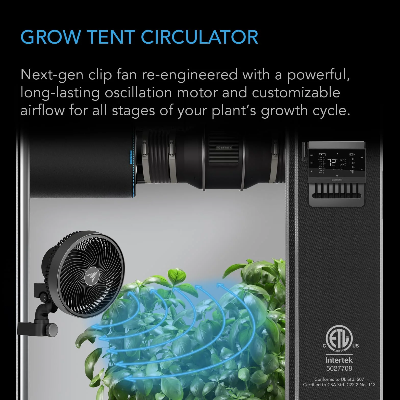AC Infinity CLOUDRAY S6 wentylator z klipsem 150 mm do namiotów uprawnych z silnikiem EC, 10 stopni nawiewu, 10 poziomów oscylacji, IP54, do obiegu powietrza i chłodzenia w pomieszczeniach