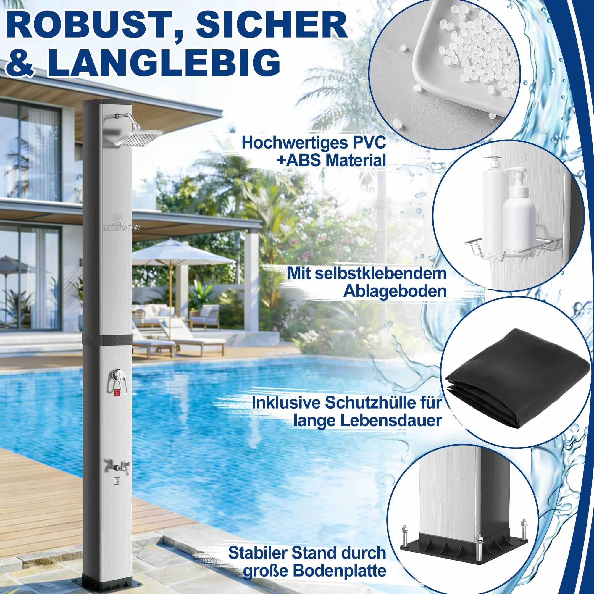 XMTECH Prysznic solarny 40 l, prysznic ogrodowy, do 60°C, srebrno-czarny, prysznic zewnętrzny z deszczownicą 360°, słuchawka prysznicowa, prysznic dla stóp, bez prądu, do ogrodu, basenu, na kemping, w