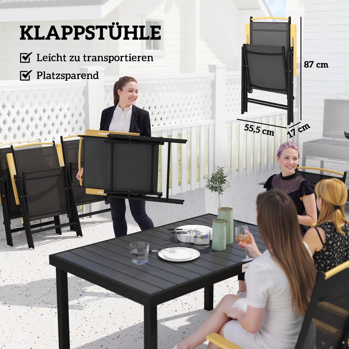 Outsunny komplet stół z krzesłami składany 7-cz. zestaw balkonowy meble balkonowe 1 stół + 6 krzeseł zestaw mebli ogrodowych komplet wypoczynkowy aluminium siatka kolor czarny