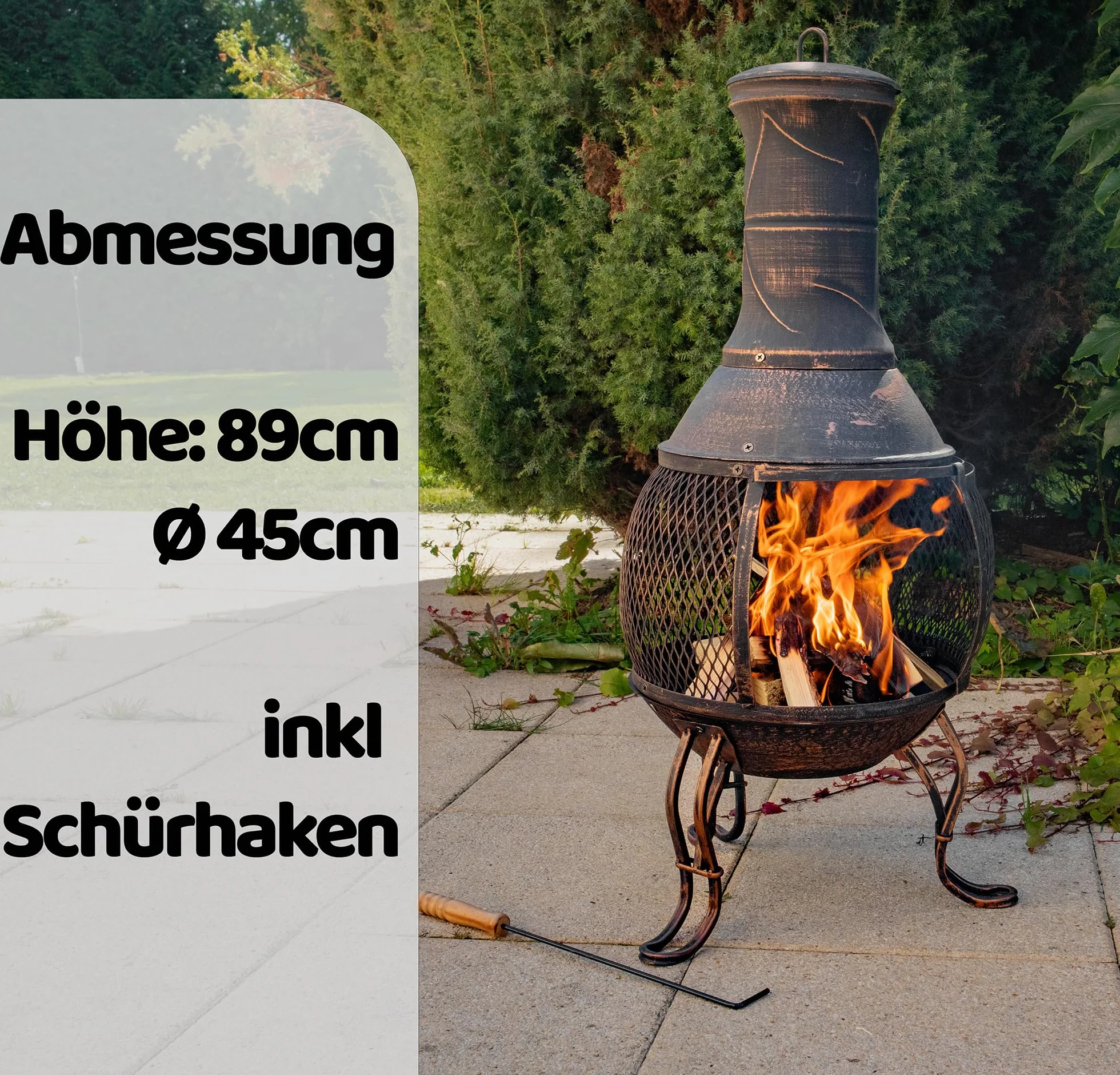 Piec aztecki Cancun, wieszak na fartuch, drewniany grill, ochrona przed iskrami, ogród, taras, stary piekarnik, 89 cm, wygląd brązu, dekoracja, piec stalowy żeliwny