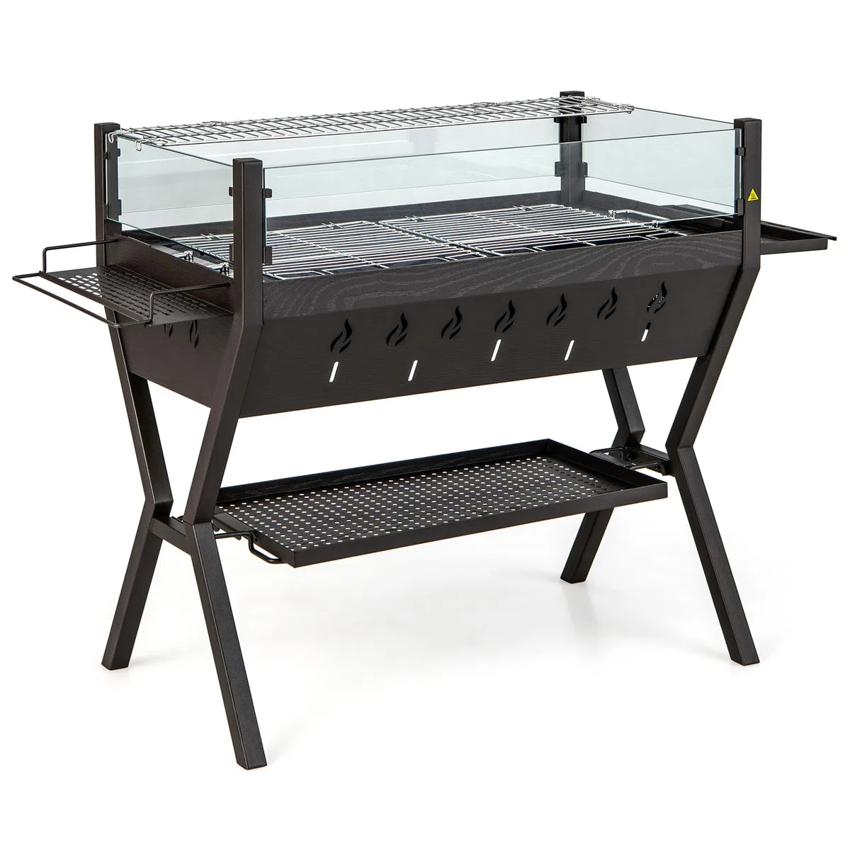 GOPLUS Grill na węgiel drzewny 3 w 1, wielofunkcyjny grill ogrodowy ze stali nierdzewnej z dużą powierzchnią grillowania, ochroną przed wiatrem i półkami, stojący grill BBQ na piknik, imprezę, kemping