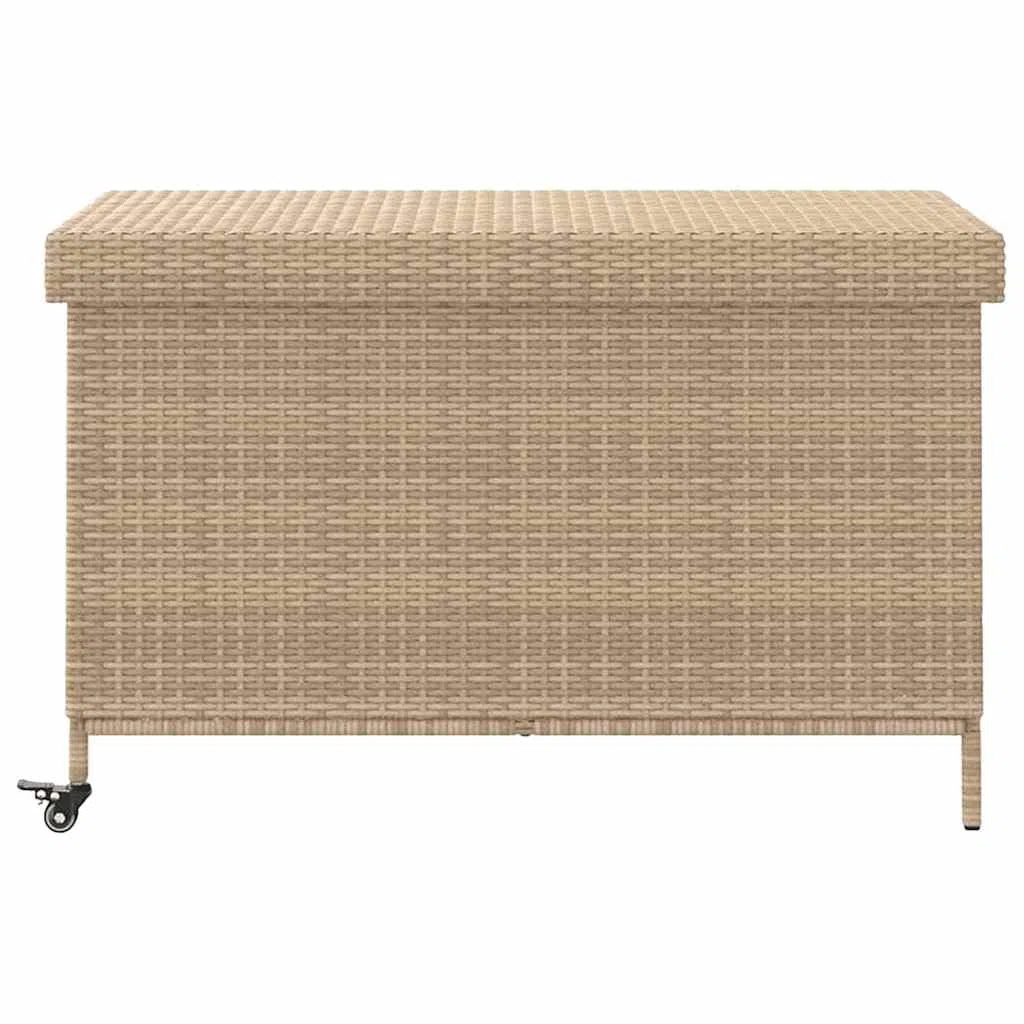 Skrzynia ogrodowa na kółkach, beżowa, 110 x 55 x 73 cm, polirattan, wodoodporna, do przechowywania, skrzynia ogrodowa, na taras, balkon