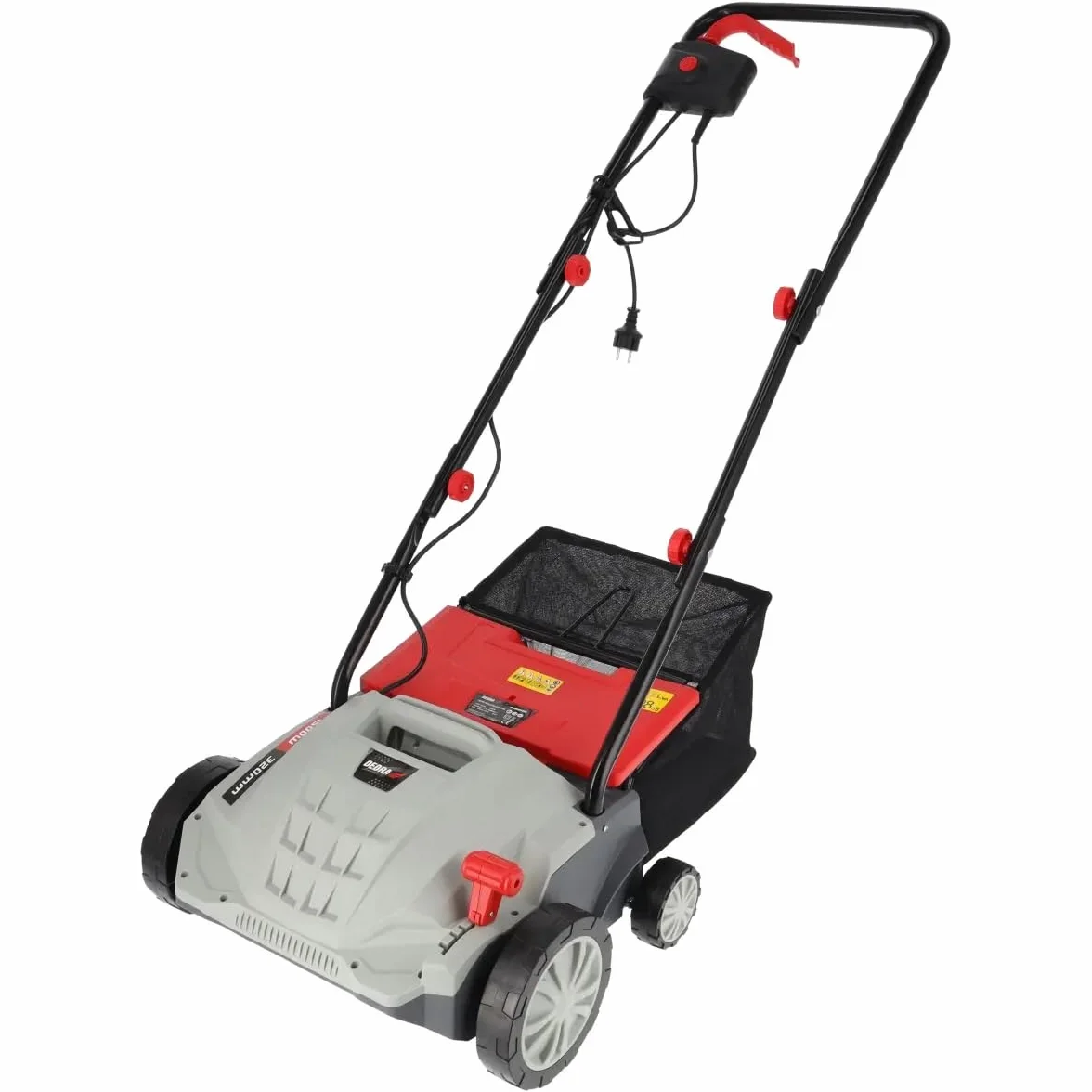 Wertykulator/napowietrzacz trawnika DEDRA, napęd elektryczny, moc 1500 W, 3000 obr./min, szerokość robocza 32 cm, niski poziom hałasu, worek na trawnik 30 l, z regulacją głębokości