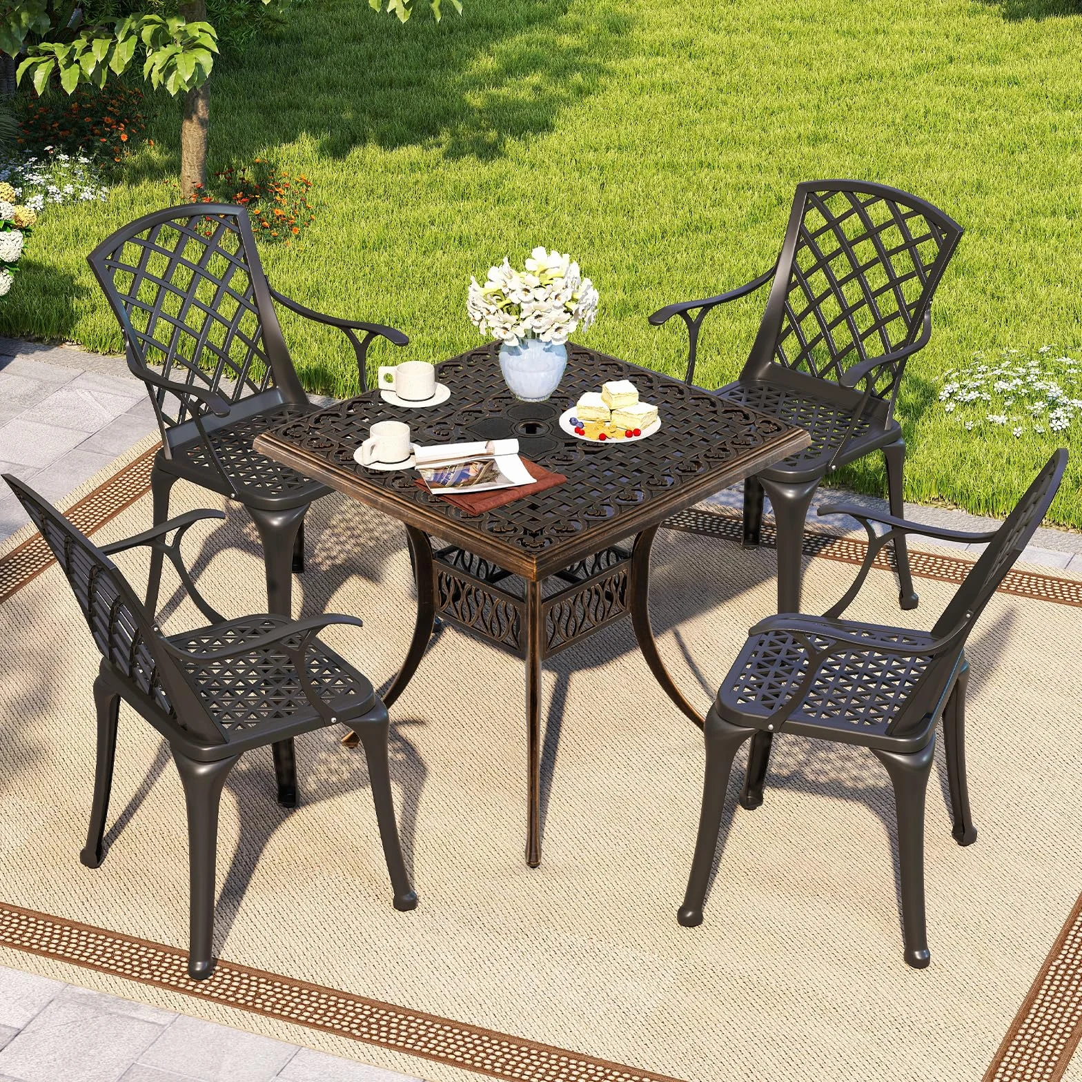 COSTWAY Stół ogrodowy z otworem na parasol, 80 x 80 x 75 cm, kwadratowy stół balkonowy z odlewu aluminiowego, odporny na warunki atmosferyczne, stół tarasowy dla 4 osób, stół do jadalni na zewnątrz do