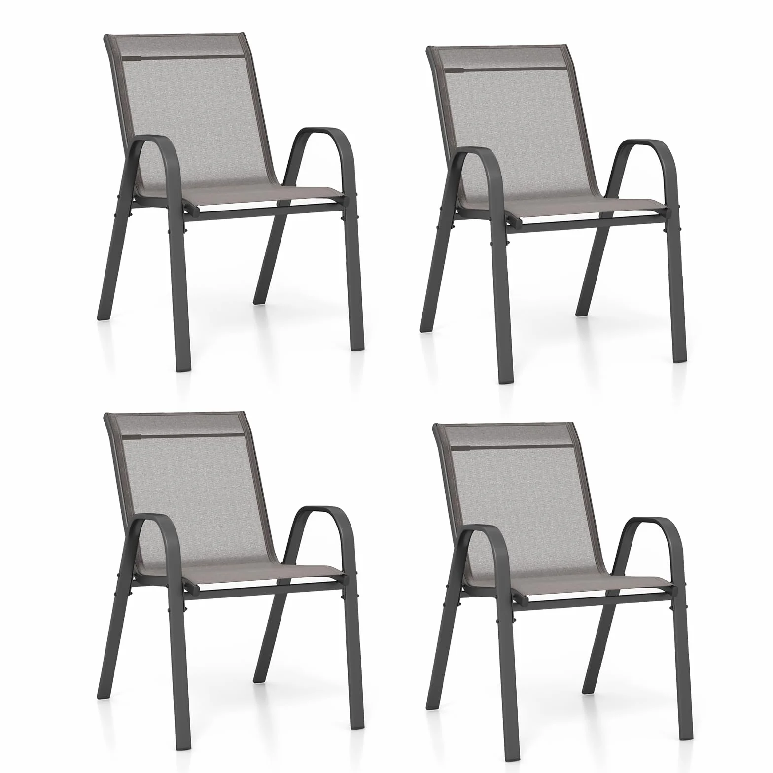 KOMFOTTEU Zestaw 2/4 krzeseł ogrodowych, krzesło ogrodowe z tkaniny stackable z metalową ramą, fotel do jadalni z podłokietnikami i wysokim oparciem, obciążenie 150 kg, 56 x 70 x 84 cm (4, szary)