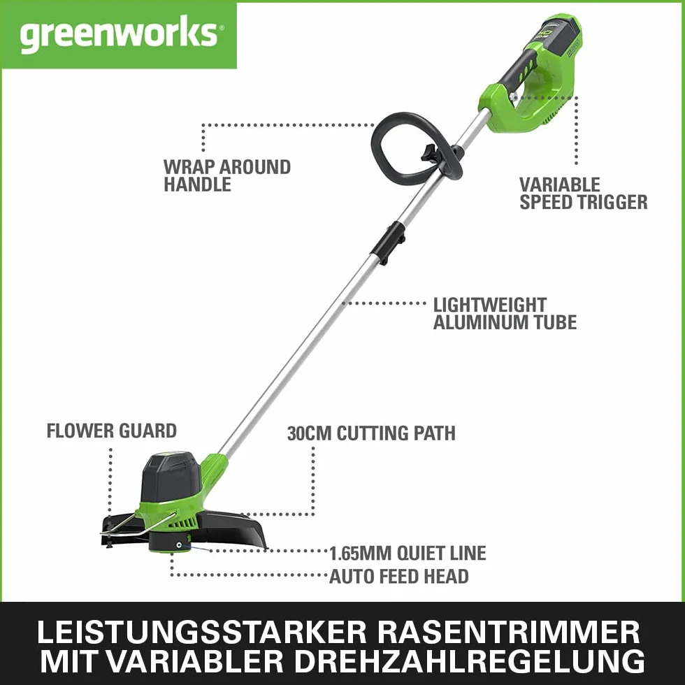 Greenworks G40LTK2 Akumulatorowa Podkaszarka do Średnich Ogrodów, Regulowana Wysokość, Szerokość Cięcia 30 cm, Automatyczny Wysuw Żyłki Nylonowej 1,65 mm, Bateria 40V 2Ah i Ładowarka