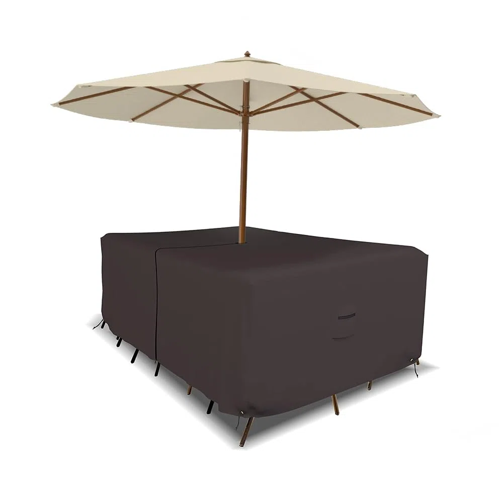 Covers & All Prostokątny stół i krzesło patio zestaw pokrowiec z otworem na parasol - wytrzymały 45 ml wodoodporny pokrowiec na meble z tyłu z kieszenią powietrzną i sznurkiem do wygodnego dopasowania (190 cm szer. x 115 cm gł. x 76 cm wys. , kawa)