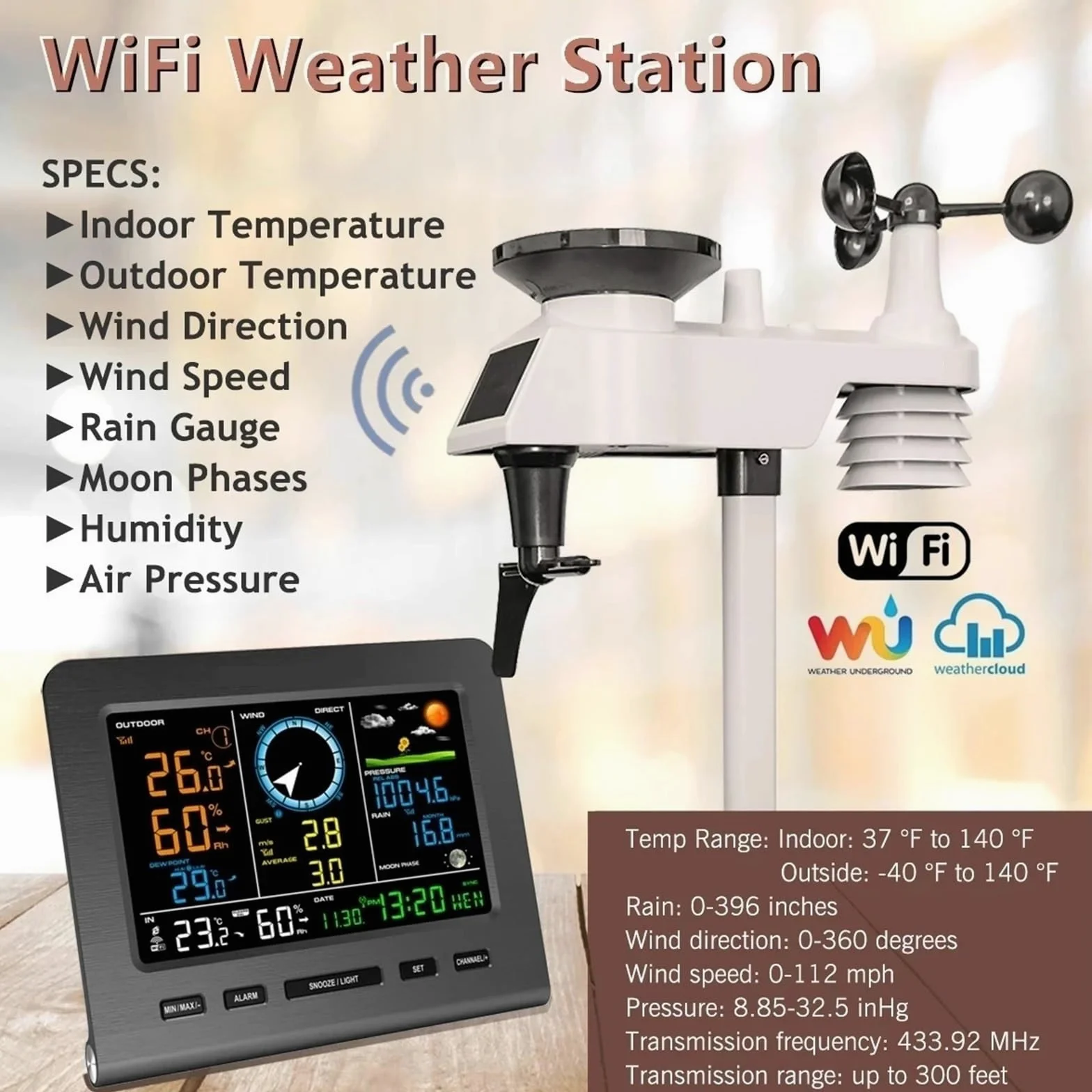 Internetowa bezprzewodowa stacja pogodowa Prognoza pogody Temperatura Ciśnienie Wilgotność Wiatr Deszcz Wskaźnik Księżyca Fraza Tester budzika Duży ekran(WiFi Weather Station)