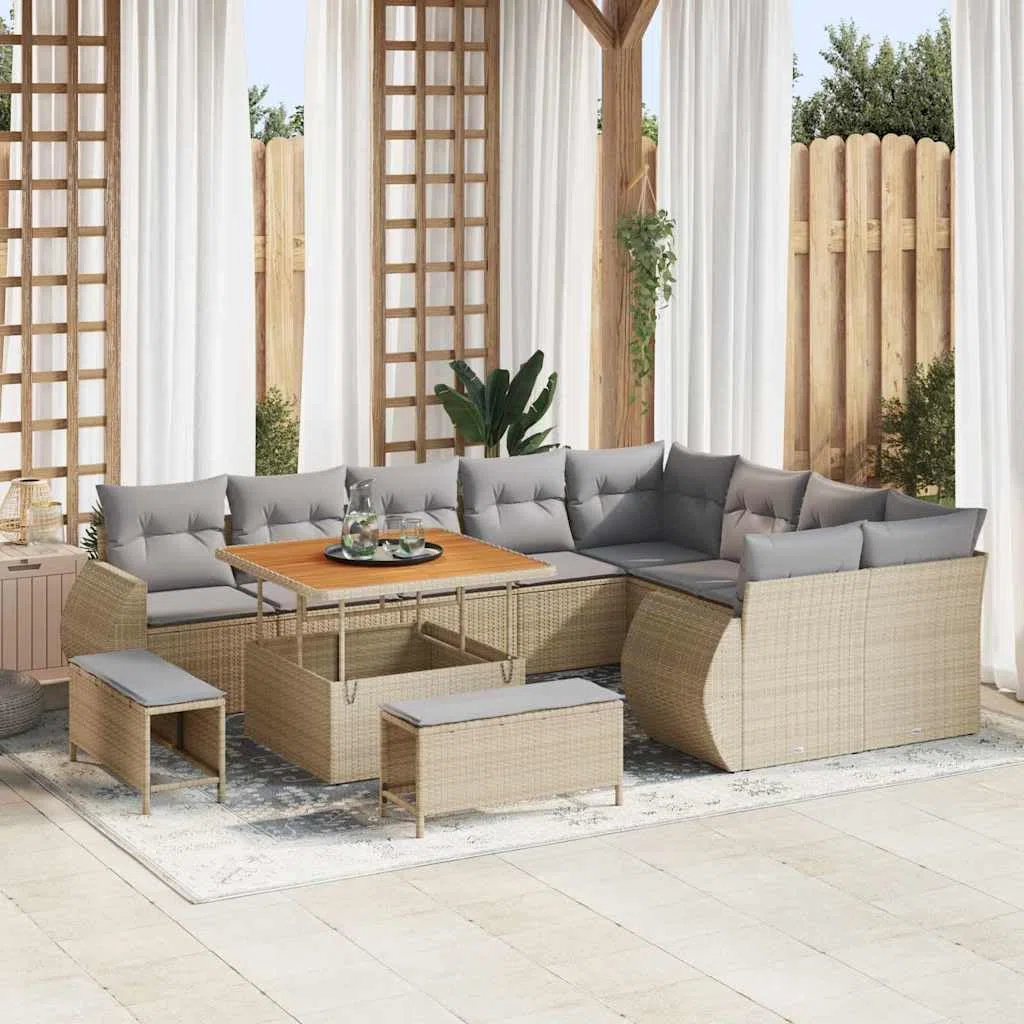 Zestaw Sof Ogrodowych Rattan 12 Elementów Beżowy Jasnoszary Modułowe Meble Tarasowe Narożnik z Poduszkami 298 cm Stół Ogrodowy