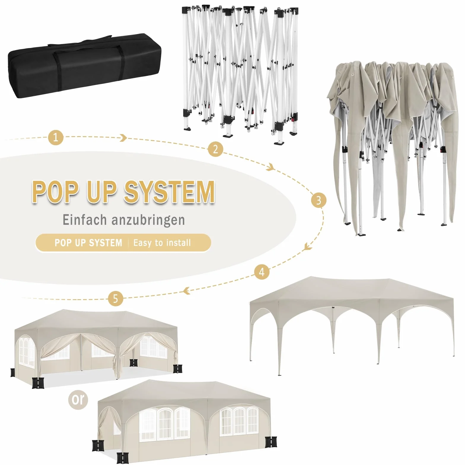WOLTU Pergola 3 x 6 m, składany pawilon, 6 ścian bocznych, regulowana wysokość, wodoodporny, UV, beżowy