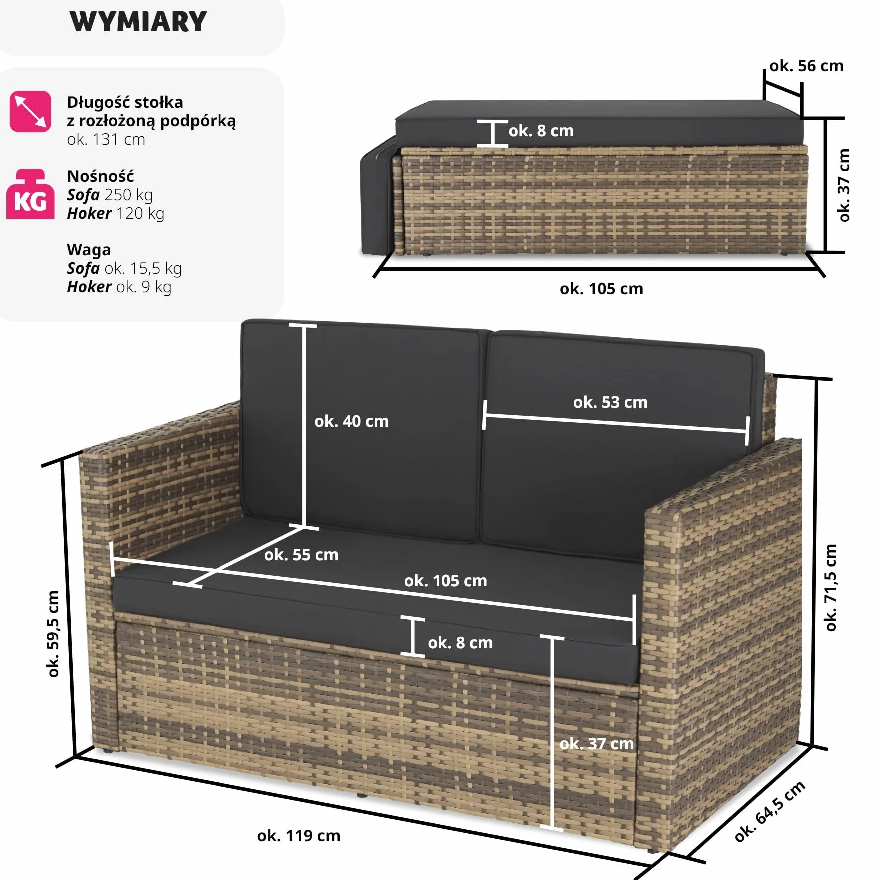 tectake® Zestaw Wypoczynkowy Korfu,do Domu, Ogrodu i na Taras, Technorattan, Duży Puf z Podporą, Stelaż ze Stali, Wodoodporne Poduszki (Naturalny)