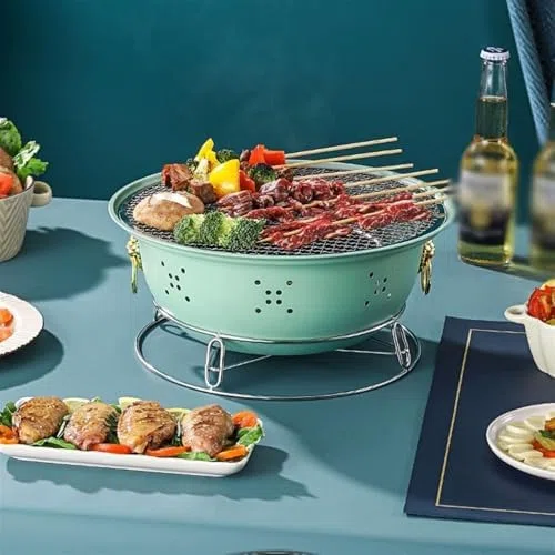 Przenośny grill grillowy przenośny grill z siatką i brytfanną do pieczenia węgiel drzewny grill na patio do domu grill na węgiel drzewny kuchenka stołowa na zewnątrz grill nieprzywierający