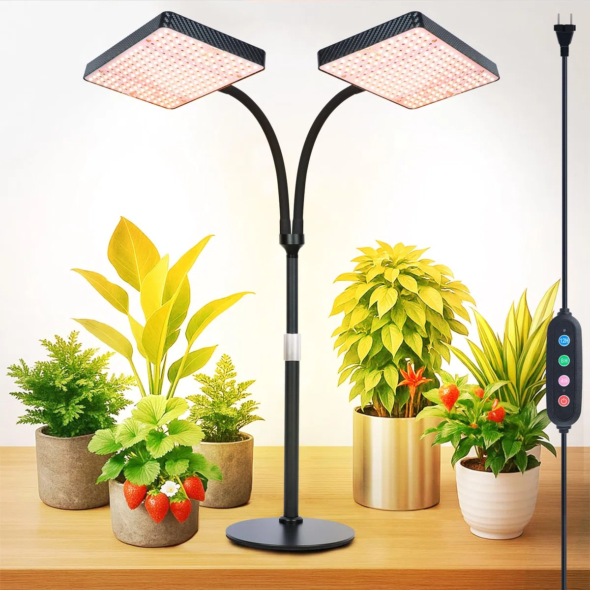 FECiDA 50 W, 2-głowicowa, pełne spektrum, lampa do roślin z programatorem czasowym do roślin pokojowych, lampa do uprawy roślin pokojowych, z lampami do uprawy kwiatów, warzyw z timerem 4/8/12/16/20 h