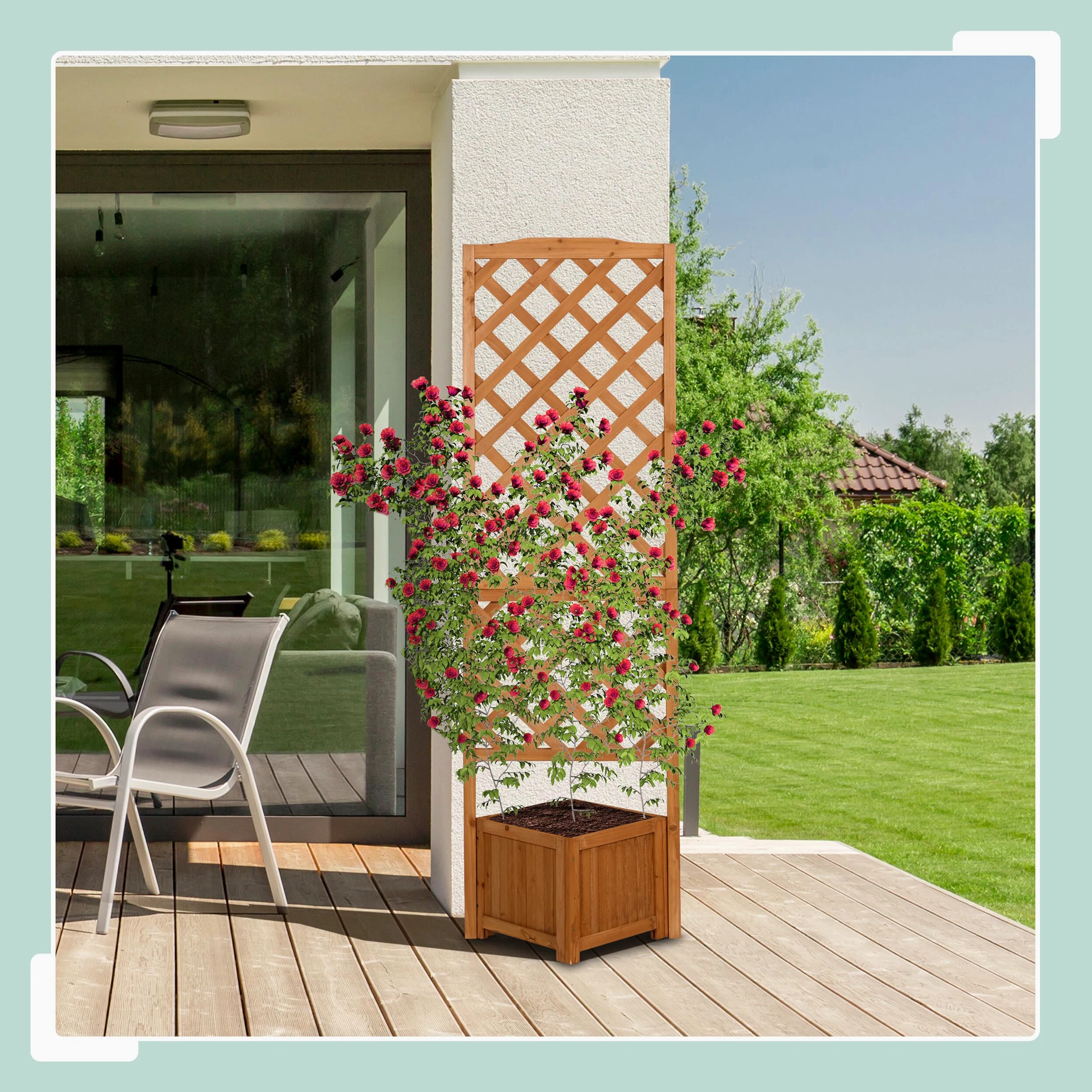 Relaxdays Skrzynka na rośliny z kratą, wys. 180 x 55 x 51 cm, doniczka na rośliny z podpórką róż, patio i ogród, drewno jodłowe, brązowa