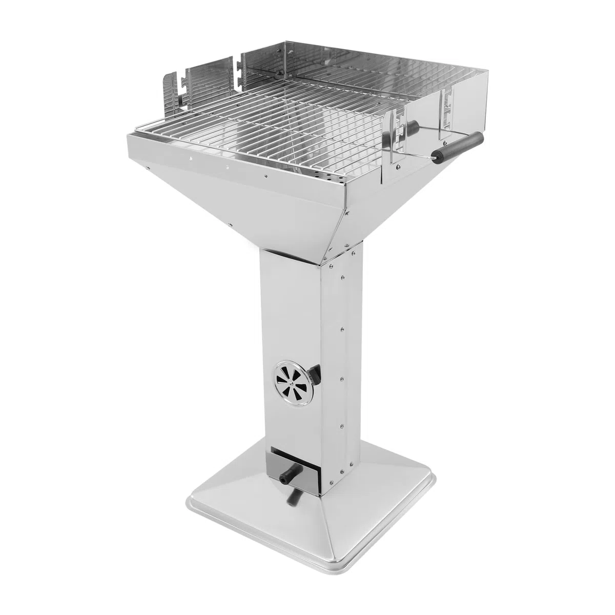 Grill na węgiel drzewny, stal nierdzewna, grill kolumnowy, węgiel drzewny, z regulacją wysokości, ze zdejmowanym rusztem, pojemnikiem na popiół i wentylacją, grill węglowy, do ogrodu, na taras