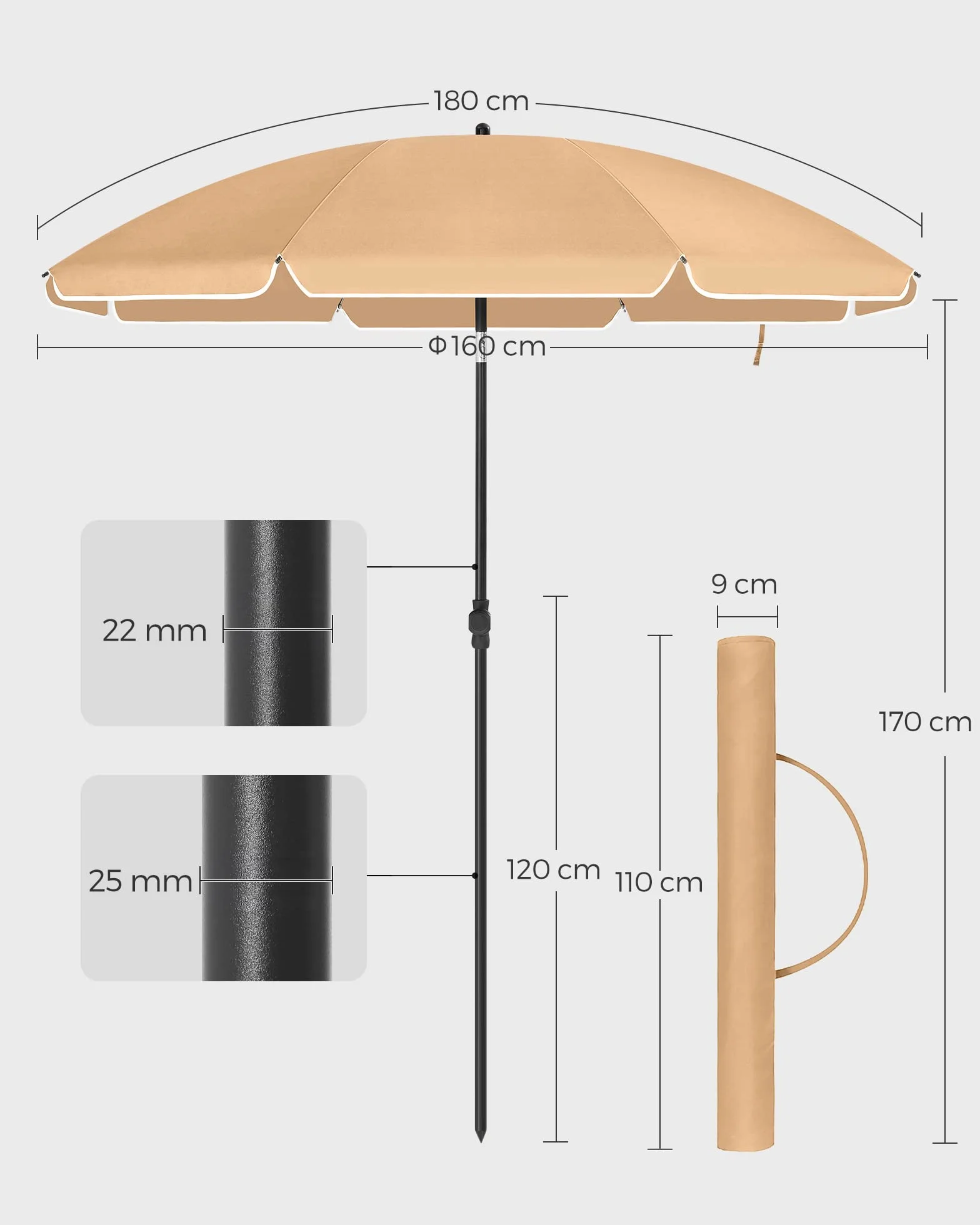 SONGMICS Parasol plażowy, Ø 160 cm, parasol ogrodowy, ochrona UV do UPF 50+, składany, ochrona przeciwsłoneczna, przenośny, żebra parasola wykonane z włókna szklanego, ciemnoszary GPU60BR